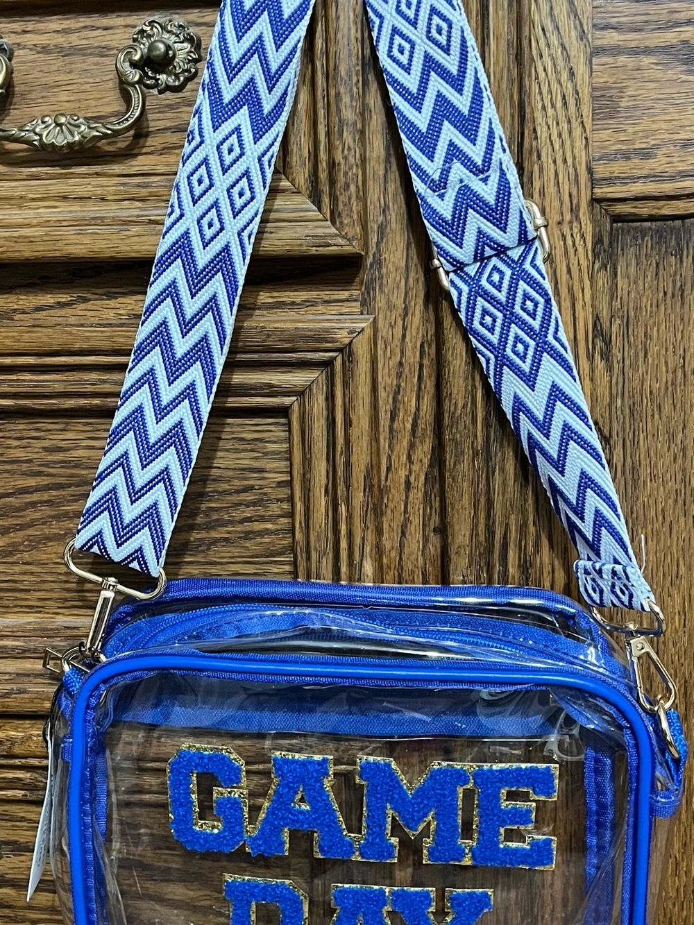 Clear Game Day purse, new, bright blue with blue/white strap, 2 compartments